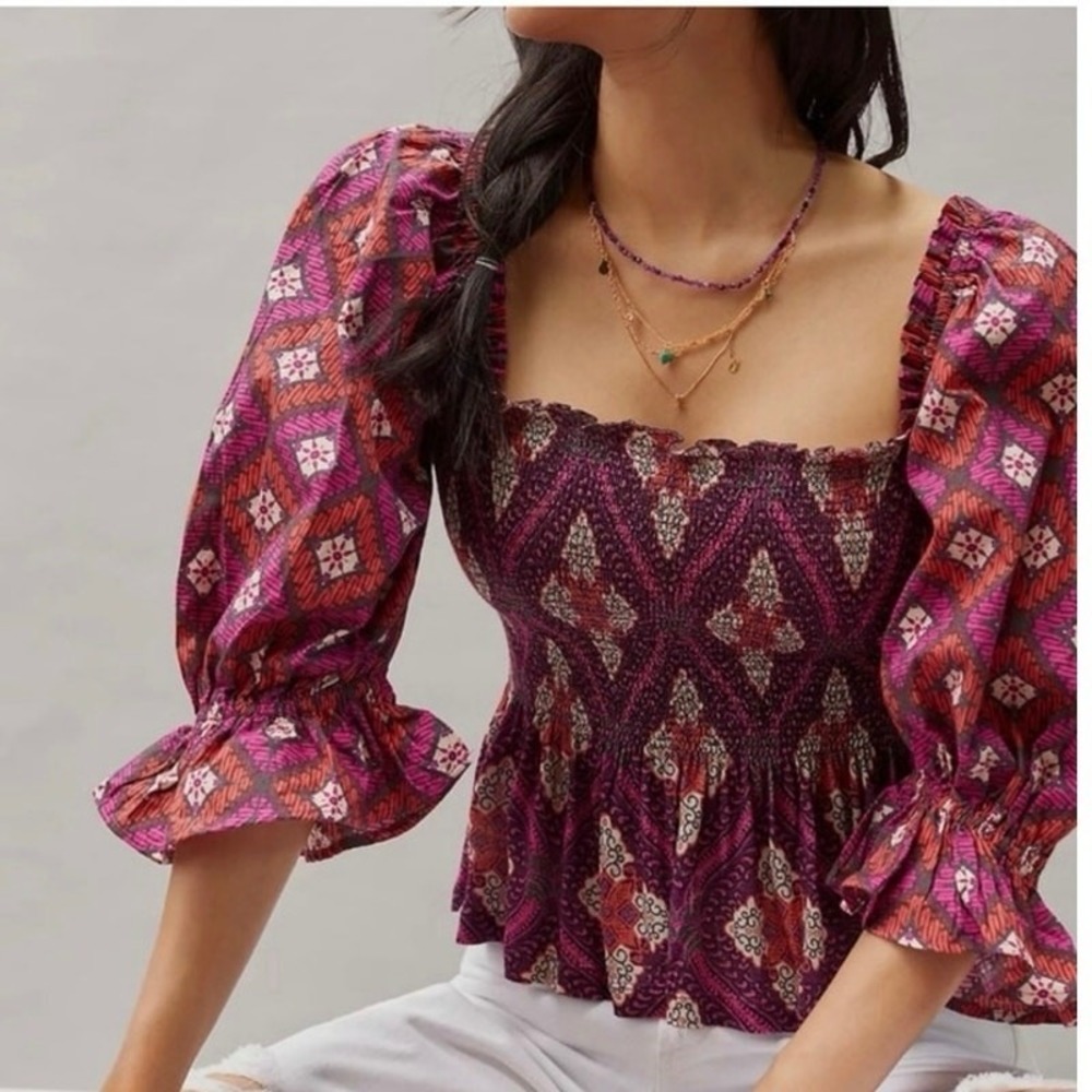 NWOT Anthropologie Conditions Apply SmockedSweetheart Boho Blouse size Small